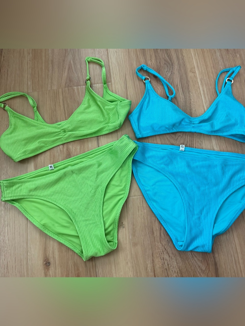 Aerie Ribbed Bikini Set Duo in Lime Green & Aqua Blue green is Small, blue is xs